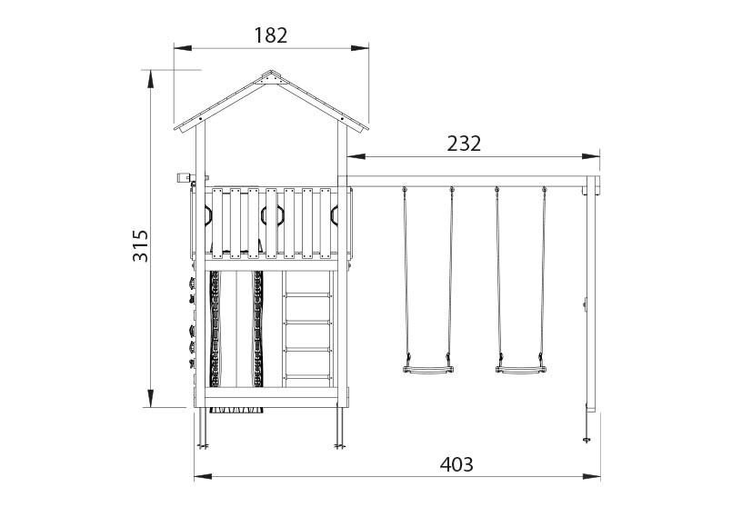 Legetårn Chalet 2.1, inkl. Swing modul, 120 kg sand, blå rutschebane
